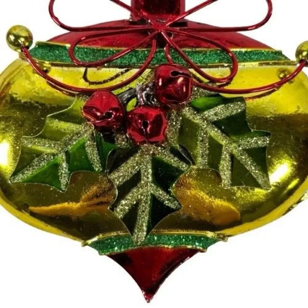 2 Large Vintage Metal Red & Green Christmas Ornaments Holly Berry w/Bells & Hook